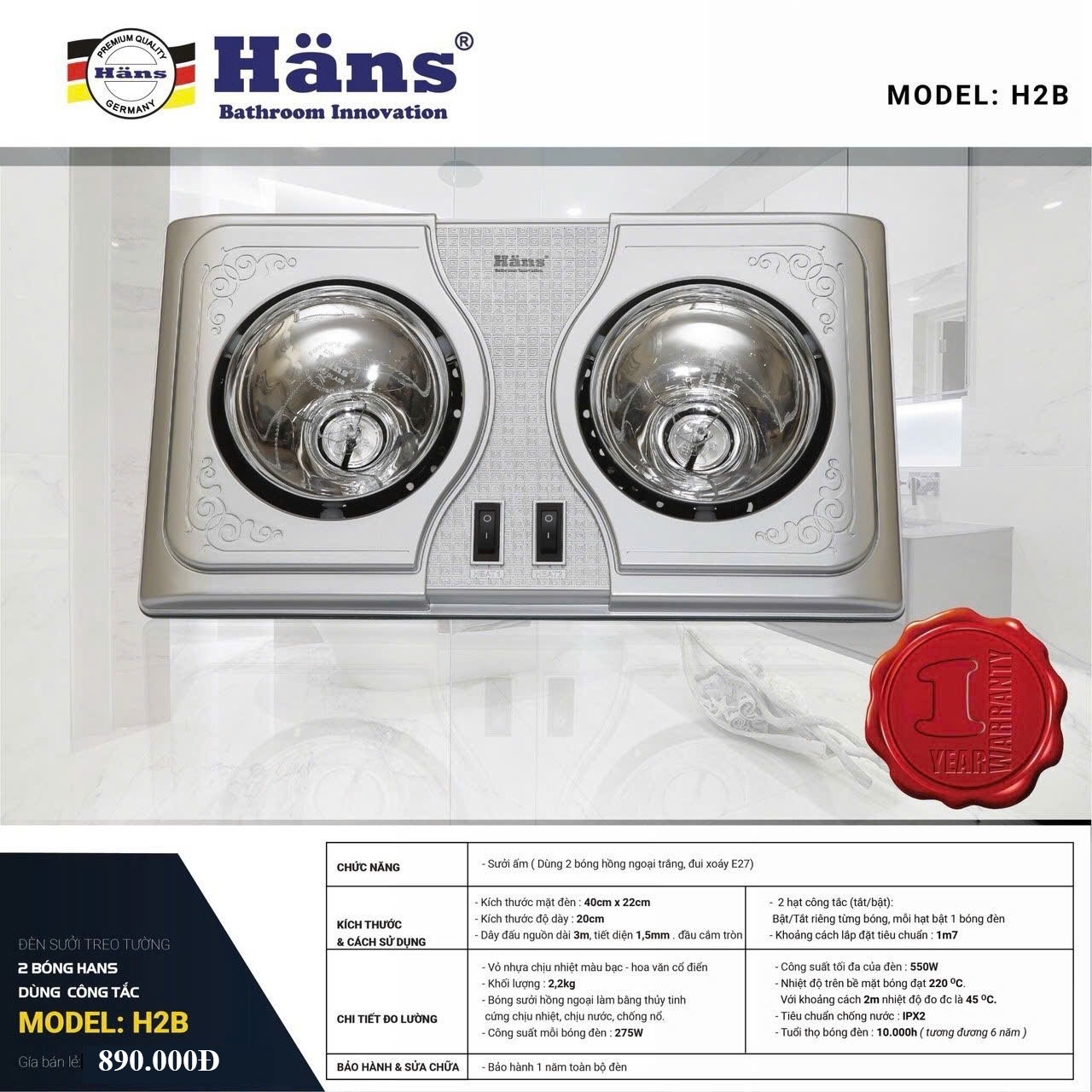 ĐÈN SƯỞI HANS 2 BÓNG H2B-610